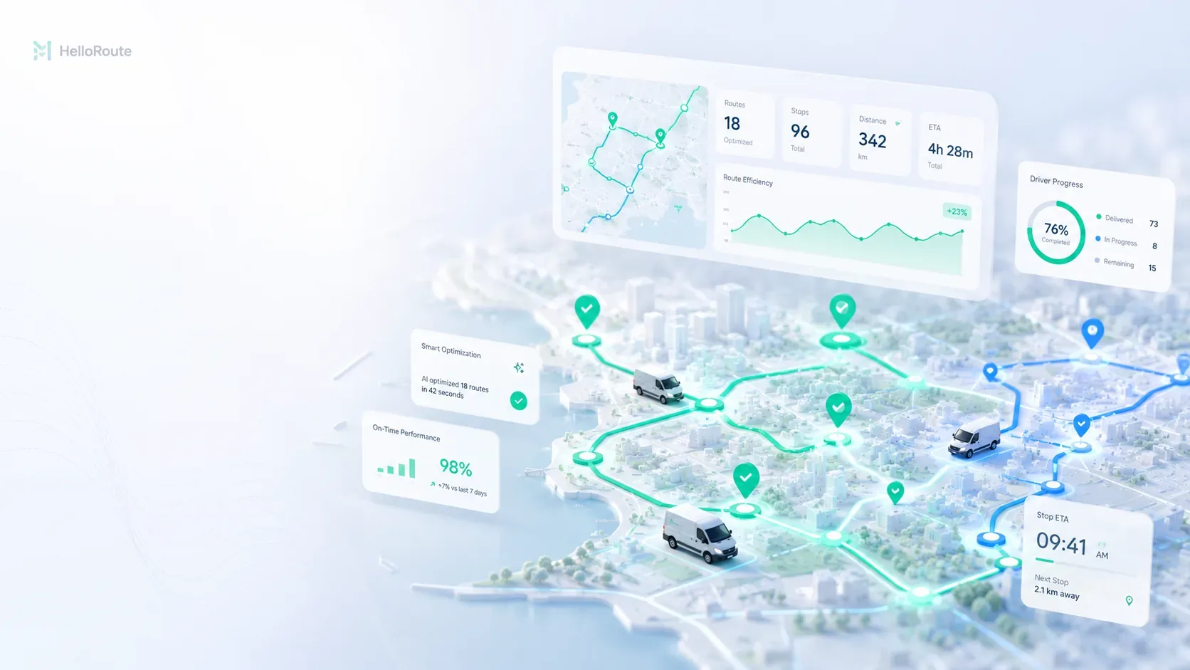 HelloRoute — optimized routes, live map, and operations metrics