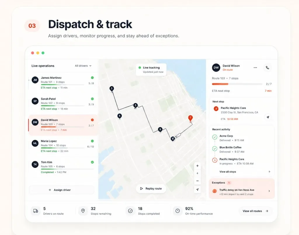 HelloRoute live dispatch view with driver list, map tracking, route progress, and exceptions.