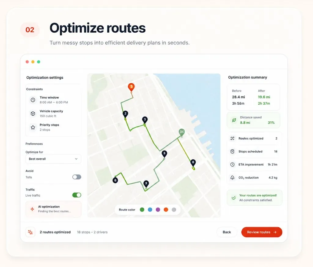 HelloRoute optimization workspace with map, settings, and before-and-after route metrics.